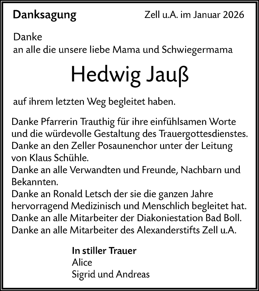  Traueranzeige für Hedwig Jauß vom 17.01.2026 aus NWZ Neue Württembergische Zeitung