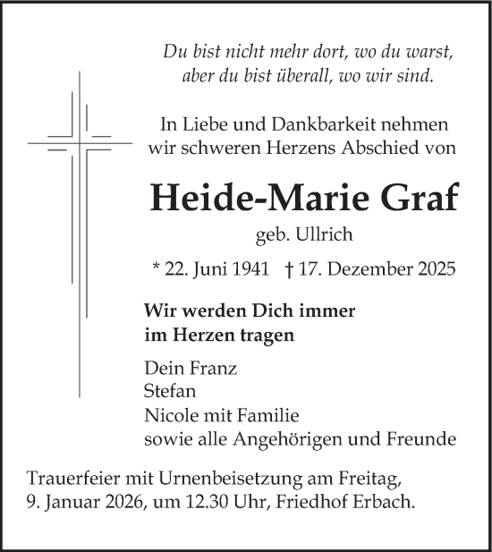 Traueranzeige von Heide-Marie Graf von SÜDWEST PRESSE Ausgabe Ulm/Neu-Ulm