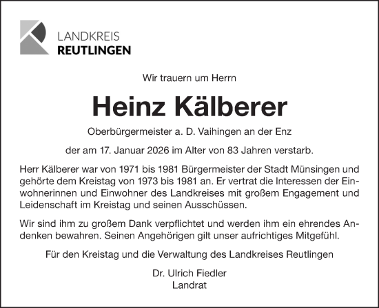 Traueranzeige von Heinz Kälberer von Alb-Bote/Metzinger-Uracher Volksblatt