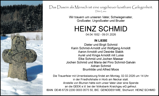 Traueranzeige von Heinz Schmid von Neckar-Chronik