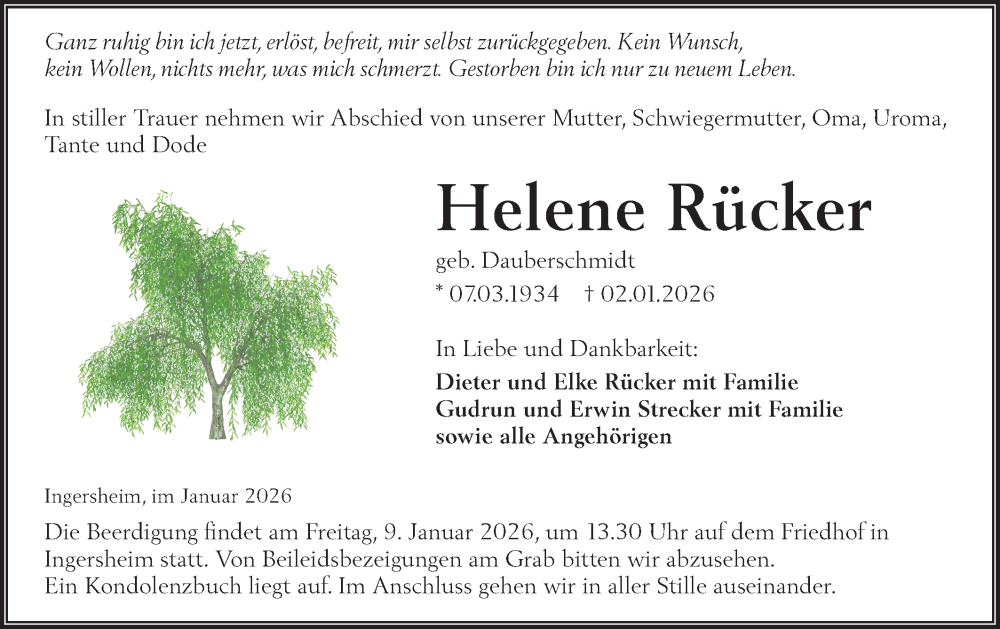  Traueranzeige für Helene Rücker vom 07.01.2026 aus Hohenloher Tagblatt