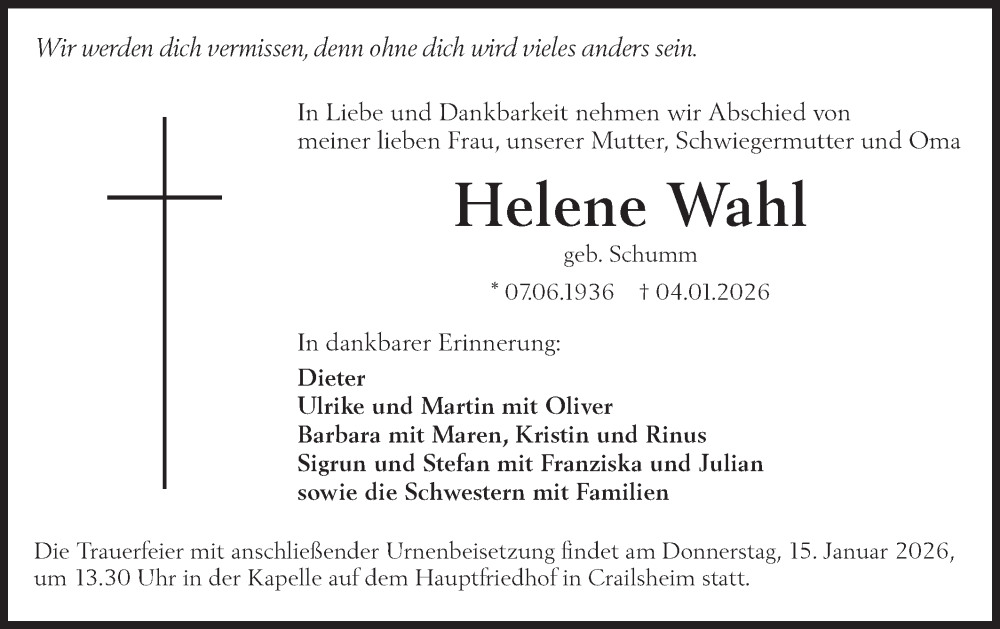  Traueranzeige für Helene Wahl vom 10.01.2026 aus Hohenloher Tagblatt