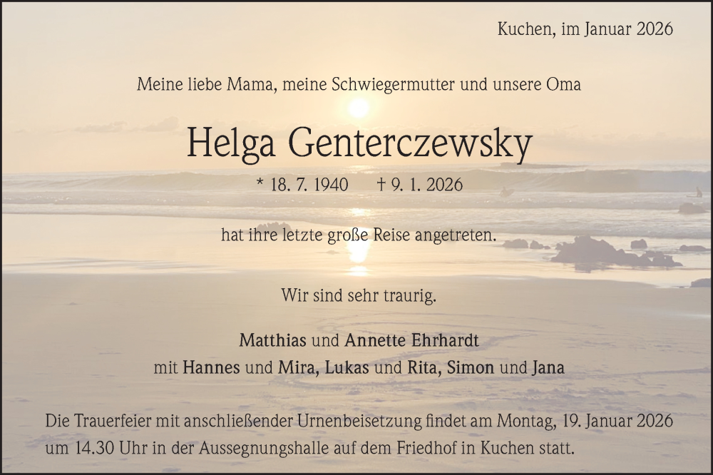  Traueranzeige für Helga Genterczewsky vom 14.01.2026 aus Geislinger Zeitung
