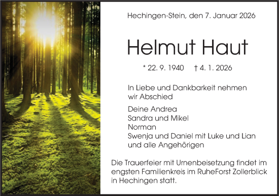 Traueranzeige von Helmut Haut von SÜDWEST PRESSE Zollernalbkreis/Hohenzollerische Zeitung