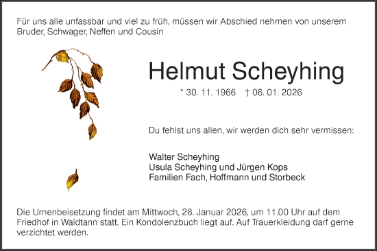 Traueranzeige von Helmut Scheyhing von Hohenloher Tagblatt