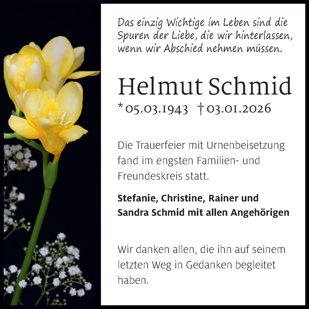  Traueranzeige für Helmut Schmid vom 24.01.2026 aus Alb-Bote/Metzinger-Uracher Volksblatt