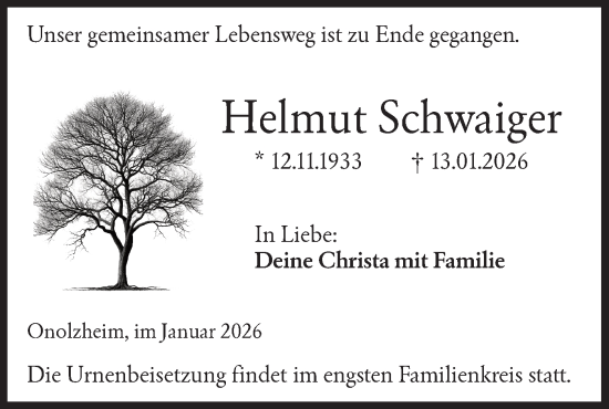 Traueranzeige von Helmut Schwaiger von Hohenloher Tagblatt