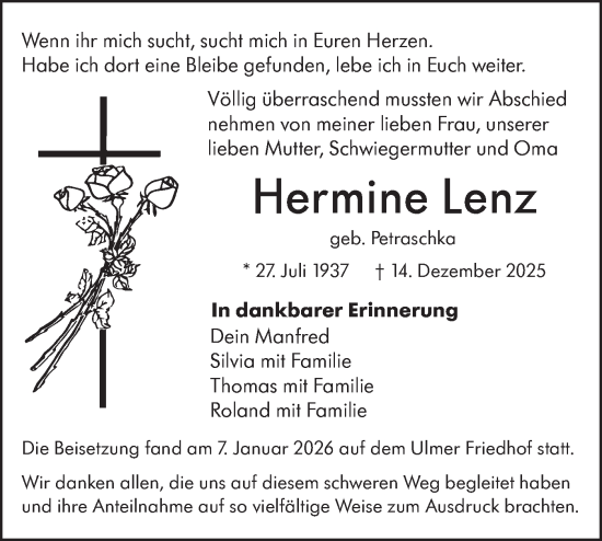 Traueranzeige von Hermine Lenz von SÜDWEST PRESSE Ausgabe Ulm/Neu-Ulm