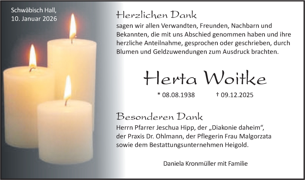  Traueranzeige für Herta Woitke vom 10.01.2026 aus Haller Tagblatt