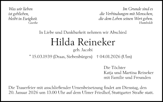 Traueranzeige von Hilda Reineker von SÜDWEST PRESSE Ausgabe Ulm/Neu-Ulm