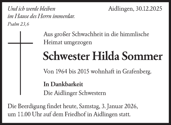 Traueranzeige von Hilda Sommer von Alb-Bote/Metzinger-Uracher Volksblatt