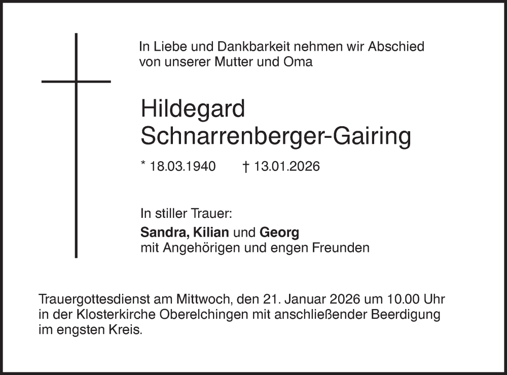  Traueranzeige für Hildegard Schnarrenberger-Gairing vom 17.01.2026 aus SÜDWEST PRESSE Ausgabe Ulm/Neu-Ulm