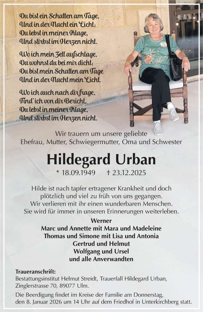  Traueranzeige für Hildegard Urban vom 03.01.2026 aus SÜDWEST PRESSE Ausgabe Ulm/Neu-Ulm