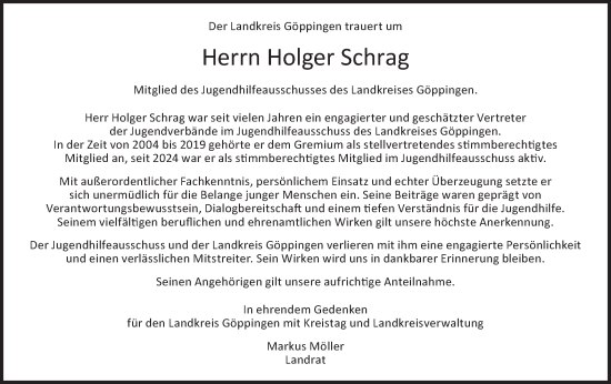 Traueranzeige von Holger Schrag von NWZ Neue Württembergische Zeitung/Geislinger Zeitung