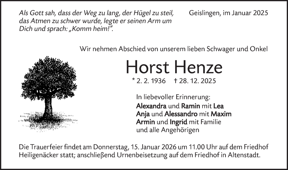  Traueranzeige für Horst Henze vom 10.01.2026 aus Geislinger Zeitung