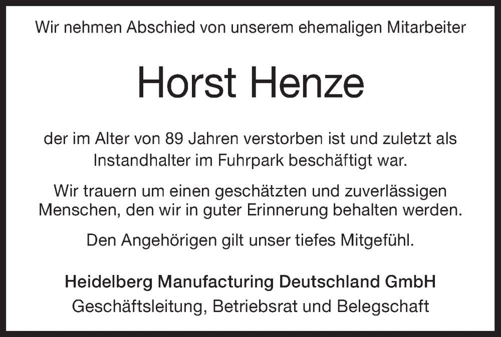  Traueranzeige für Horst Henze vom 12.01.2026 aus Geislinger Zeitung