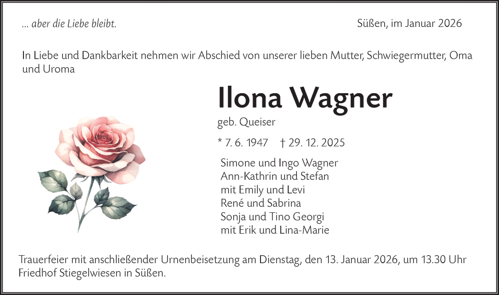  Traueranzeige für Ilona Wagner vom 07.01.2026 aus NWZ Neue Württembergische Zeitung