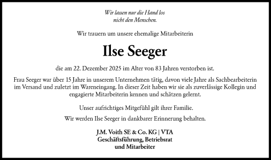 Traueranzeige von Ilse Seeger von Hohenloher Tagblatt