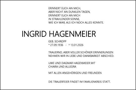 Traueranzeige von Ingrid Hagenmeier von SÜDWEST PRESSE Ausgabe Ulm/Neu-Ulm