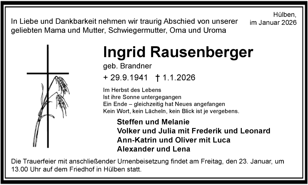  Traueranzeige für Ingrid Rausenberger vom 17.01.2026 aus Alb-Bote/Metzinger-Uracher Volksblatt