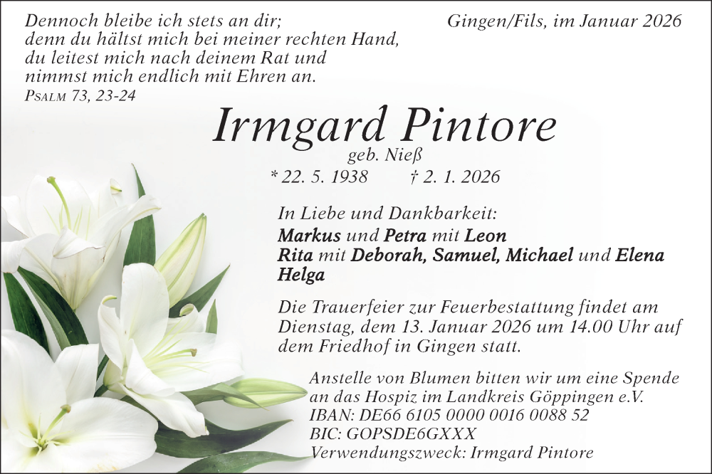  Traueranzeige für Irmgard Pintore vom 08.01.2026 aus Geislinger Zeitung