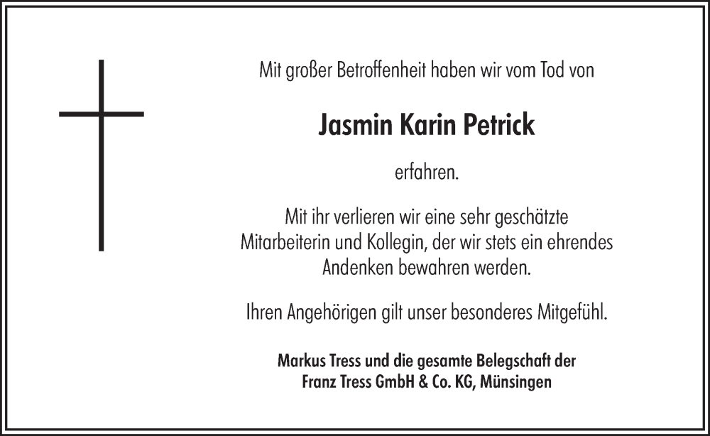  Traueranzeige für Jasmin Karin Petrick vom 09.01.2026 aus Alb-Bote/Metzinger-Uracher Volksblatt