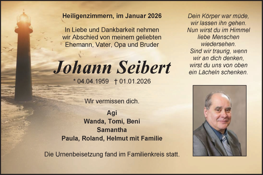  Traueranzeige für Johann Seibert vom 17.01.2026 aus SÜDWEST PRESSE Zollernalbkreis/Hohenzollerische Zeitung