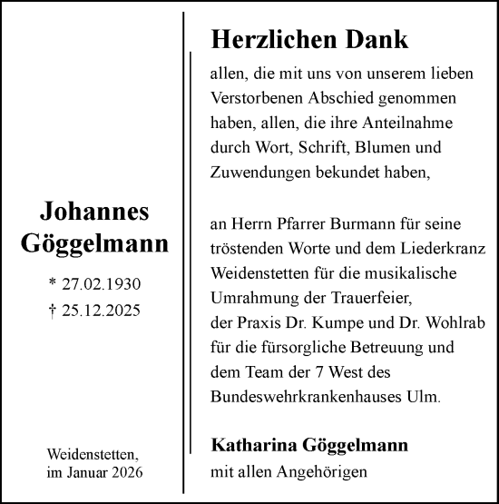 Traueranzeige von Johannes Göggelmann von SÜDWEST PRESSE Ausgabe Ulm/Neu-Ulm