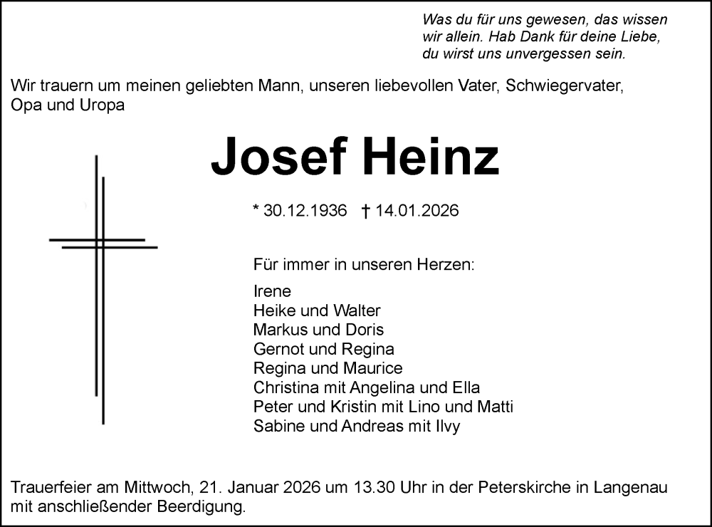  Traueranzeige für Josef Heinz vom 17.01.2026 aus SÜDWEST PRESSE Ausgabe Ulm/Neu-Ulm