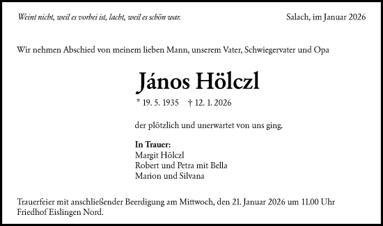 Traueranzeige von János Hölczl von NWZ Neue Württembergische Zeitung