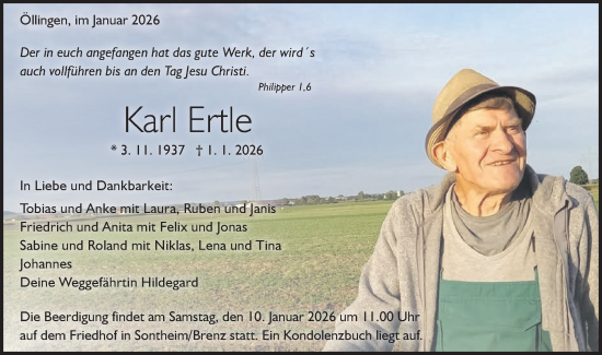 Traueranzeige von Karl Ertle von SÜDWEST PRESSE Ausgabe Ulm/Neu-Ulm