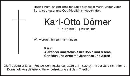 Traueranzeige von Karl-Otto Dörner von SÜDWEST PRESSE Ausgabe Ulm/Neu-Ulm