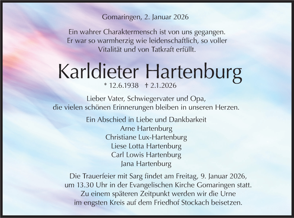  Traueranzeige für Karldieter Hartenburg vom 07.01.2026 aus Schwäbische Tagblatt