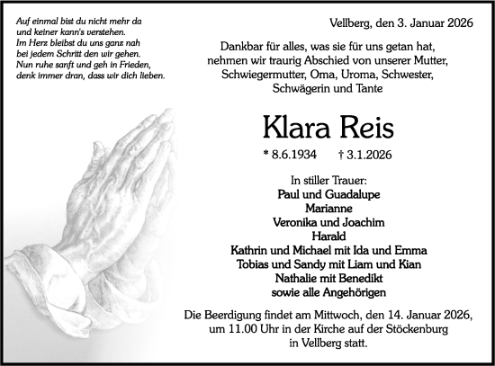 Traueranzeige von Klara Reis von Rundschau Gaildorf/Haller Tagblatt