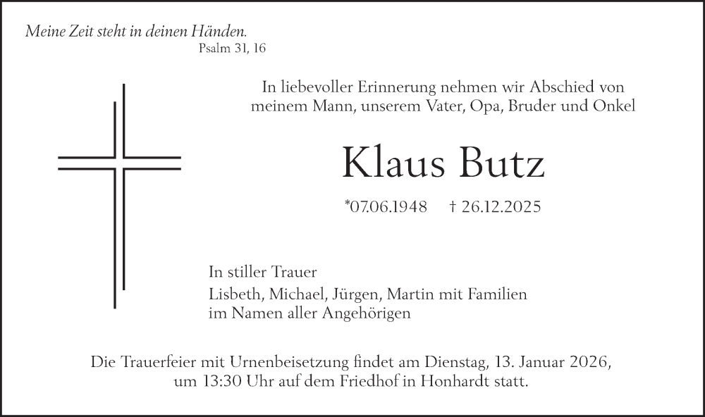 Traueranzeige für Klaus Butz vom 09.01.2026 aus Hohenloher Tagblatt