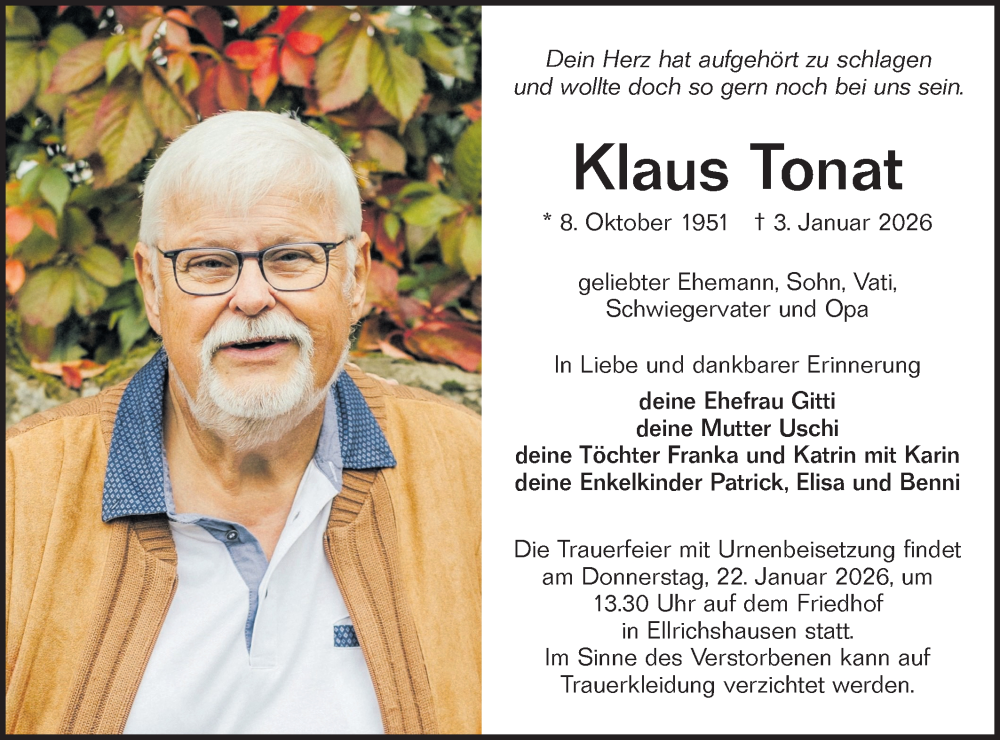  Traueranzeige für Klaus Tonat vom 17.01.2026 aus Hohenloher Tagblatt