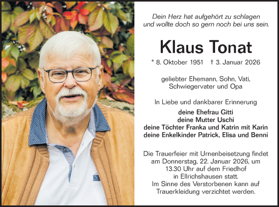 Traueranzeige von Klaus Tonat von Hohenloher Tagblatt