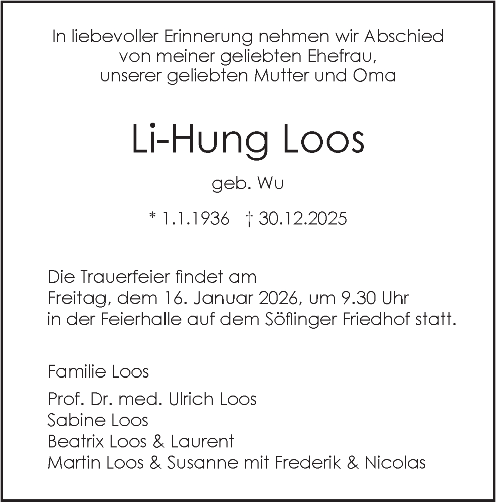  Traueranzeige für Li-Hung Loos vom 13.01.2026 aus SÜDWEST PRESSE Ausgabe Ulm/Neu-Ulm