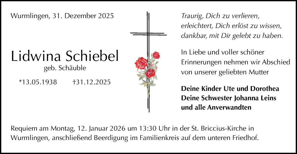  Traueranzeige für Lidwina Schiebel vom 07.01.2026 aus Schwäbische Tagblatt