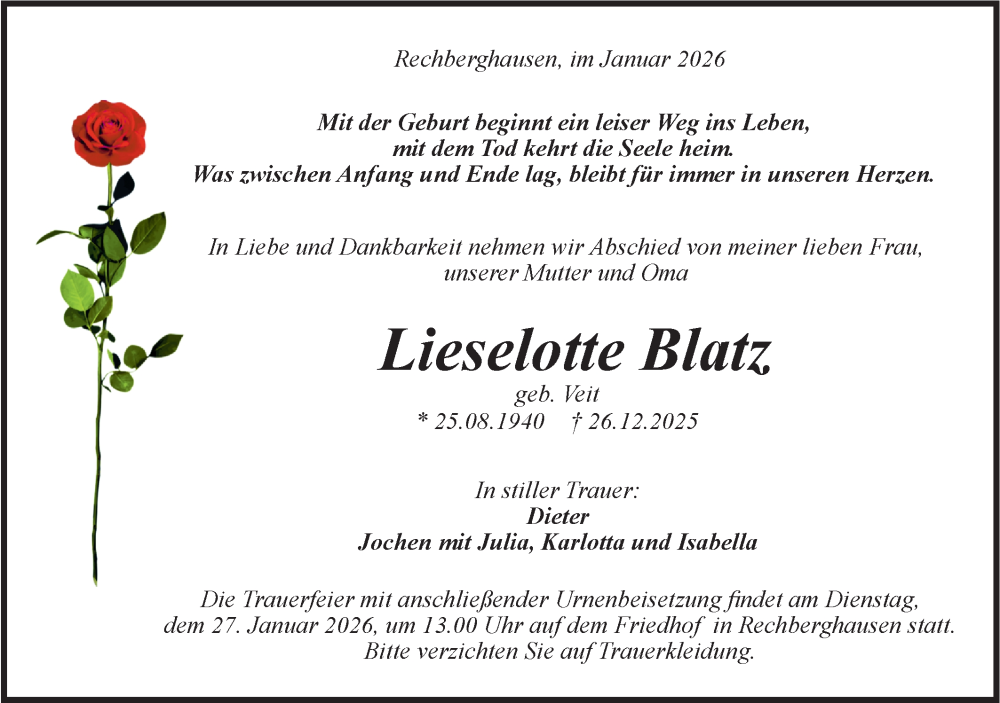  Traueranzeige für Lieselotte Blatz vom 17.01.2026 aus NWZ Neue Württembergische Zeitung