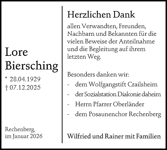 Traueranzeige von Lore Biersching von Hohenloher Tagblatt