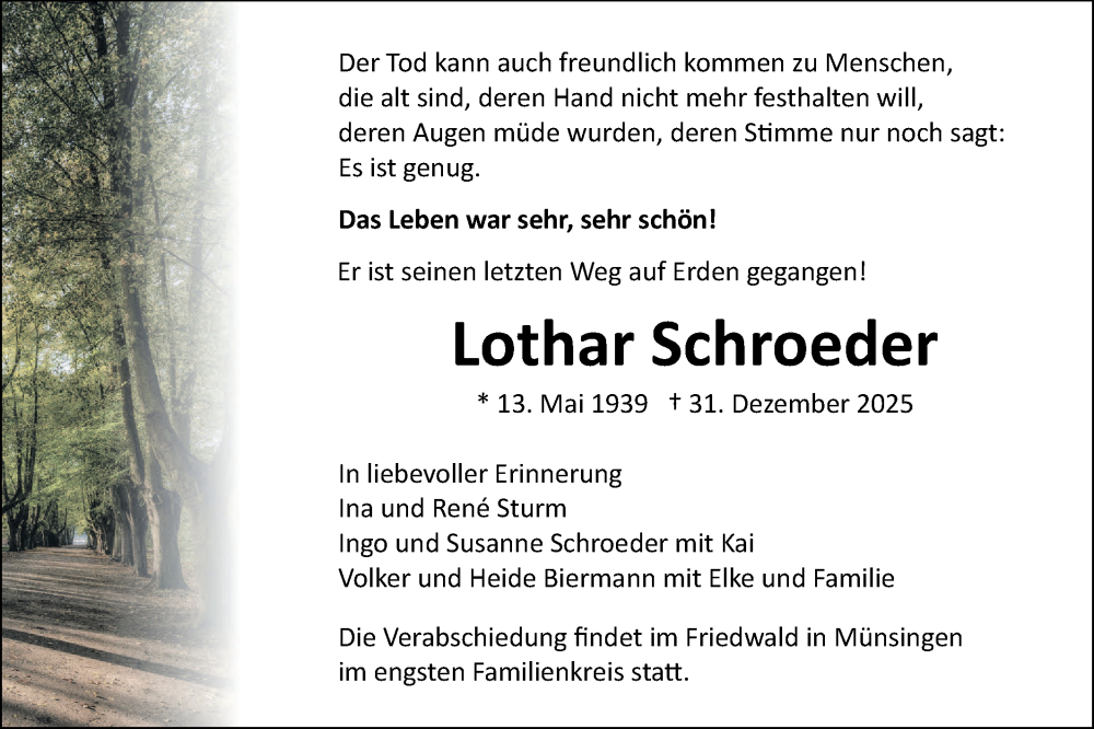  Traueranzeige für Lothar Schroeder vom 08.01.2026 aus Ehinger Tagblatt