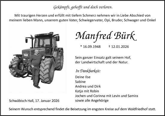 Traueranzeige von Manfred Bürk von Haller Tagblatt