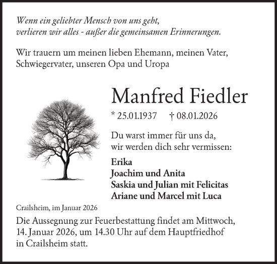 Traueranzeige von Manfred Fiedler von Hohenloher Tagblatt