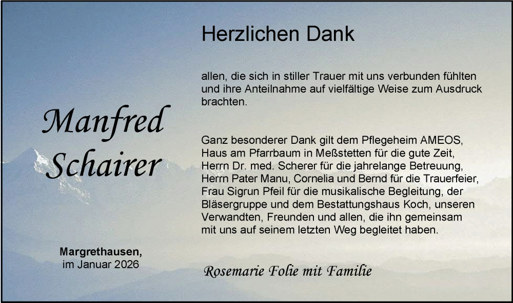  Traueranzeige für Manfred Schairer vom 03.01.2026 aus SÜDWEST PRESSE Zollernalbkreis/Hohenzollerische Zeitung
