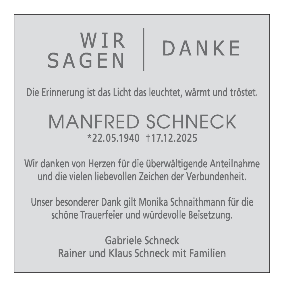  Traueranzeige für Manfred Schneck vom 17.01.2026 aus Schwäbische Tagblatt