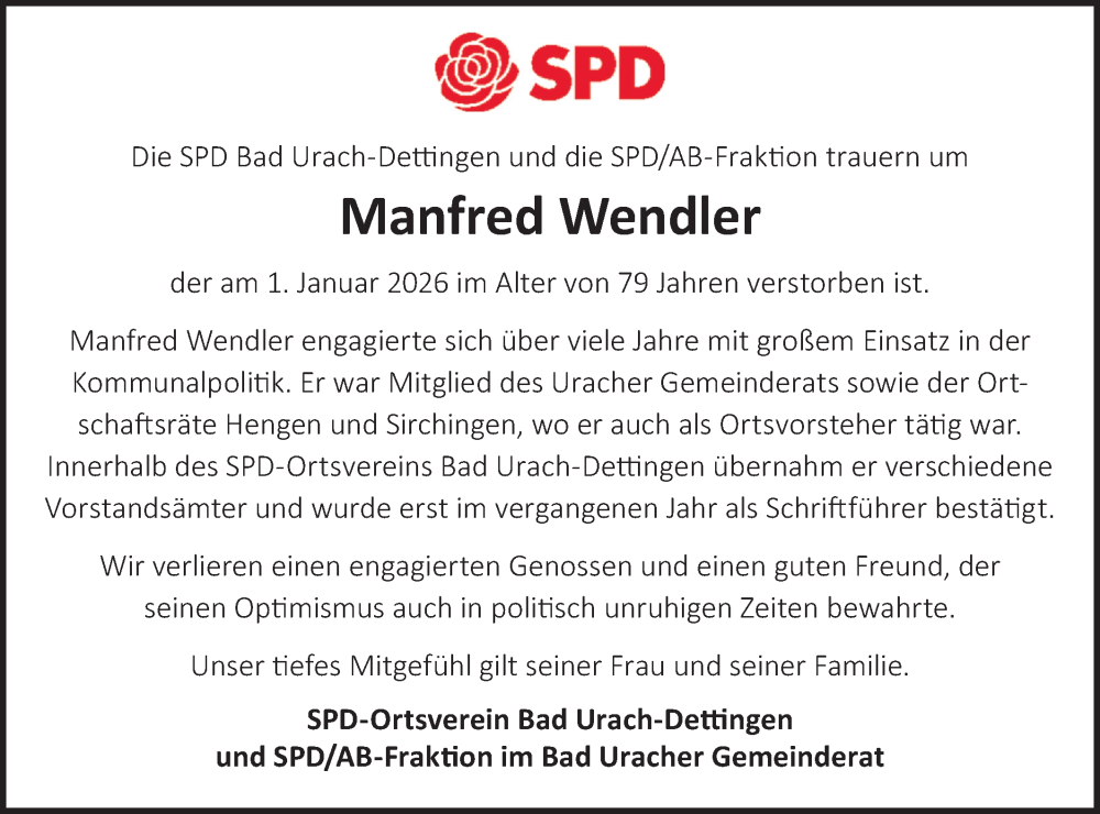  Traueranzeige für Manfred Wendler vom 10.01.2026 aus Alb-Bote/Metzinger-Uracher Volksblatt