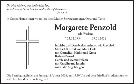 Traueranzeige von Margarete Penzold von Hohenloher Tagblatt