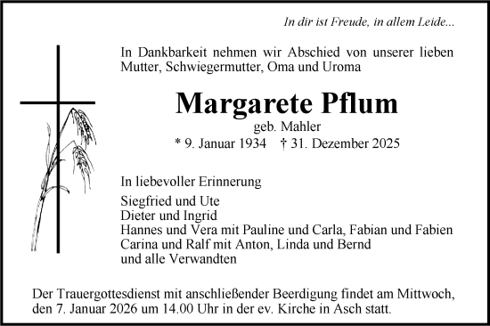 Traueranzeige von Margarete Pflum von SÜDWEST PRESSE Ausgabe Ulm/Neu-Ulm