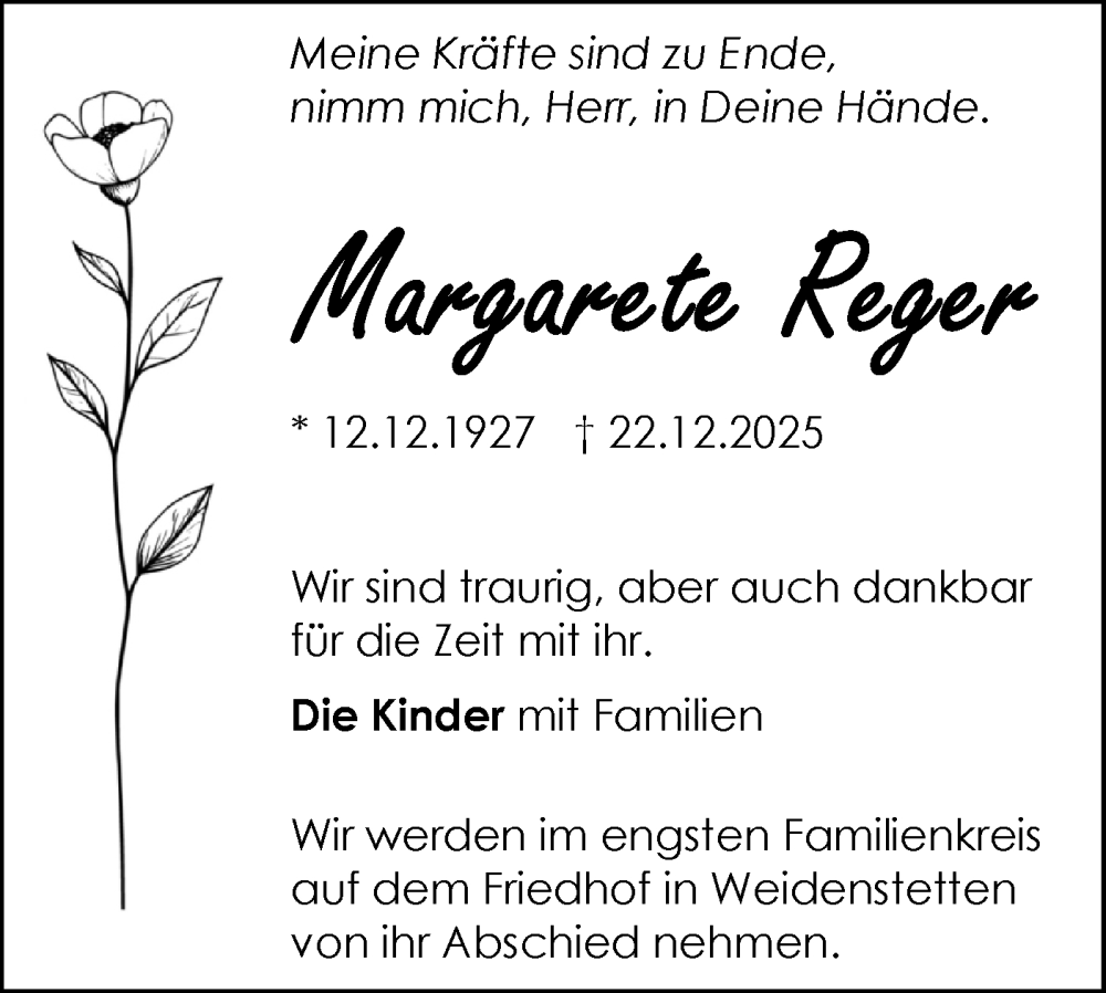  Traueranzeige für Margarete Reger vom 03.01.2026 aus SÜDWEST PRESSE Ausgabe Ulm/Neu-Ulm